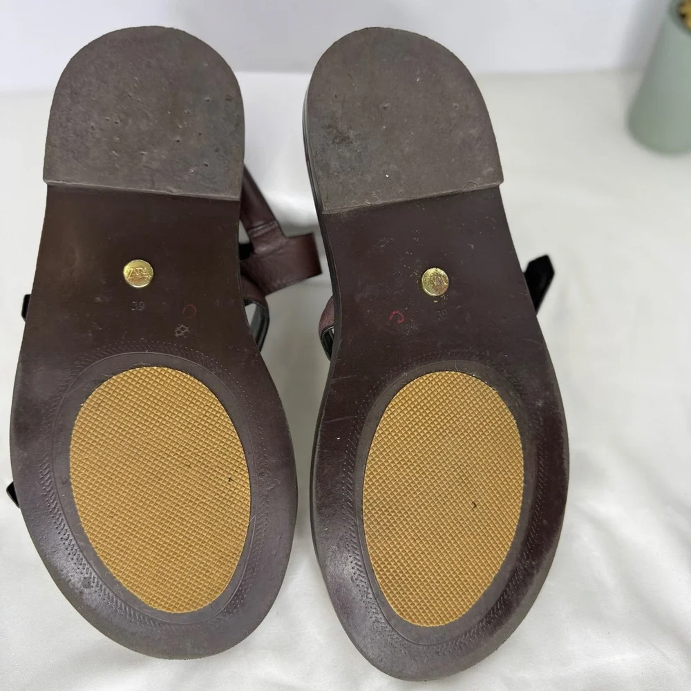 Zara Burgundy Leather Jute Buckle Strappy Flat Sandals Shoes Womens 39 8.5 - Picture 9 of 10